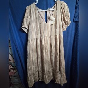 Hem & Thread Striped Tan Tie Back Dress NWT